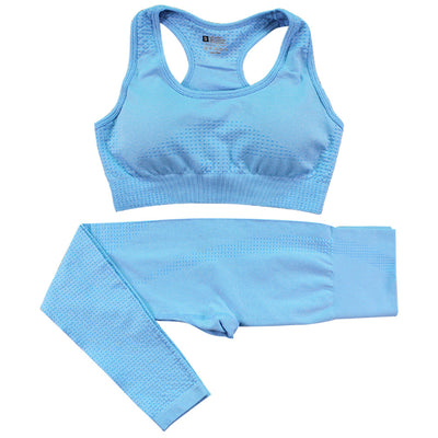 Image of a 2-piece seamless yoga set for women, featuring high-waist leggings and a crop top. Suitable for workout, sportswear, and fitness activities.