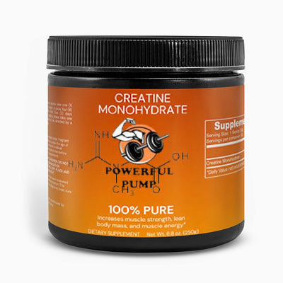 Creatine Monohydrate: A container of pure Creatine Monohydrate powder, a popular supplement for enhancing strength and supporting muscle growth.