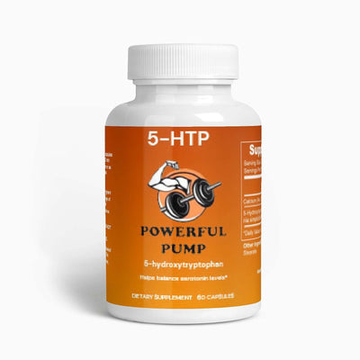 5-HTP supplement: A bottle of 5-HTP capsules, a natural serotonin precursor, known for mood support and promoting emotional well-being.
