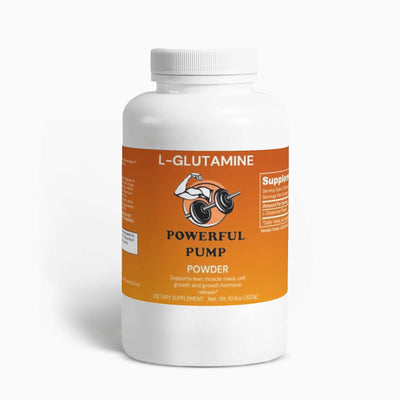 L-Glutamine Powder: A container of L-Glutamine powder, a vital amino acid for muscle recovery and immune system support in fitness and wellness routines.