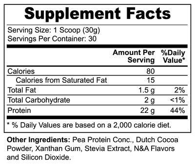 Vegan Pea Protein Chocolate Flavor Supplement Facts - Comprehensive nutritional details for the Chocolate-flavored vegan pea protein supplement.